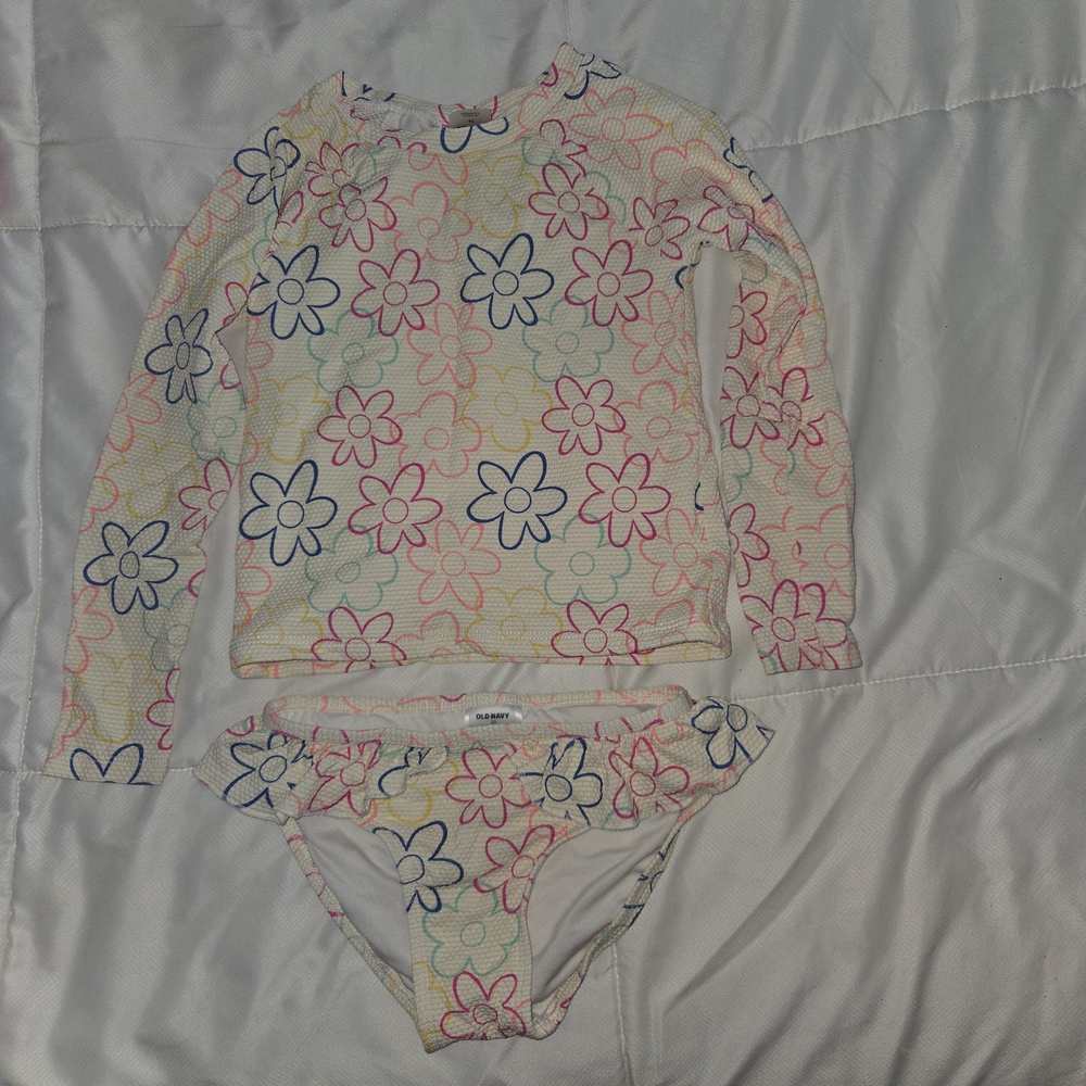 Old Navy Girls White Floral Rashguard Set with Pink Blue Yellow Flowers